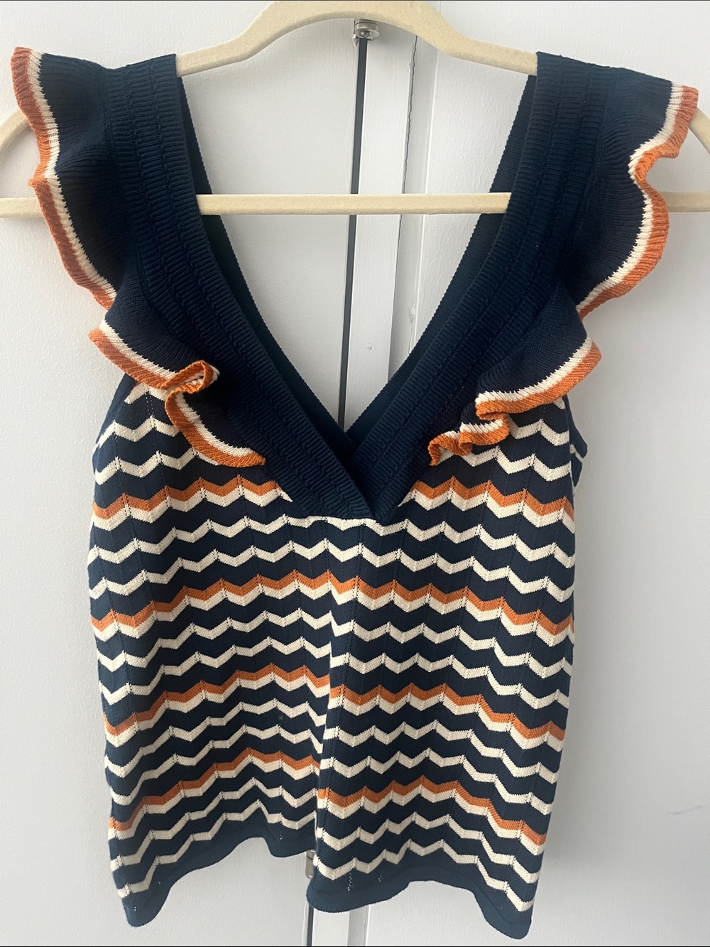 Sezane Erika Chevron Ruffle Top Navy Mustard Cotton Knit in XS